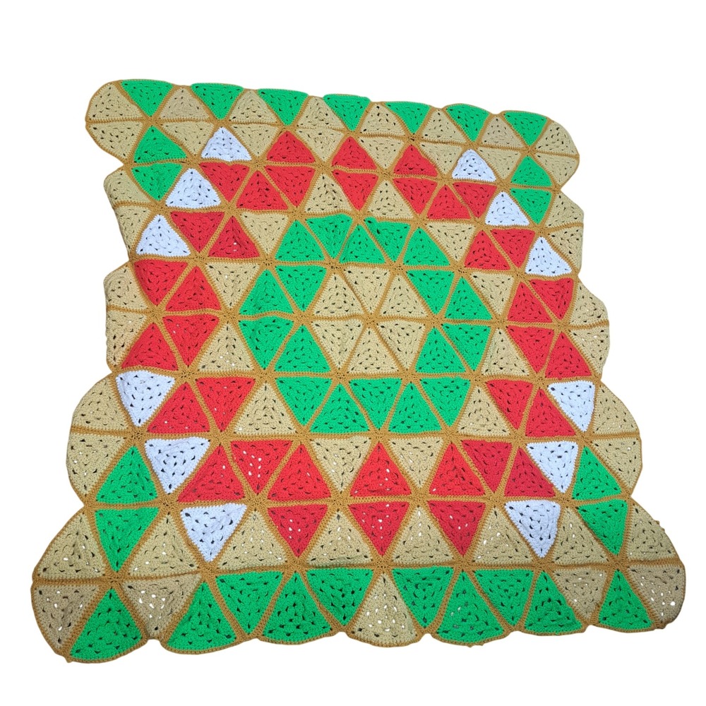 VTG Handmade Crochet Afghan Blanket Red Green Tan Geometric Triangle Throw 53x56